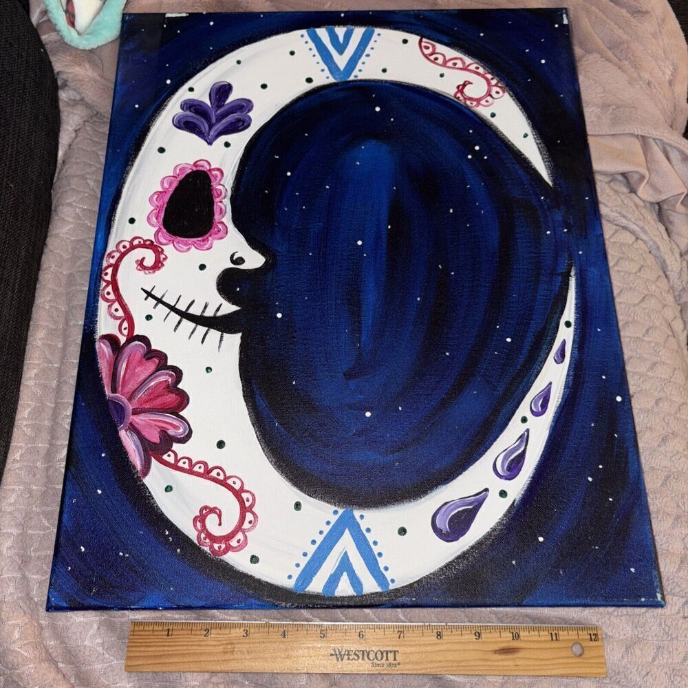 Day of The Dead Spooky Crescent Sugar Skull Moon Acrylic Painting on Canvas